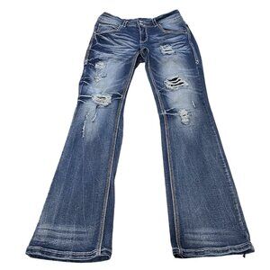 Flamingo Flare Jeans Womens XS Low Rise Blue Denim Distressed Rip Dark Wash Y2K